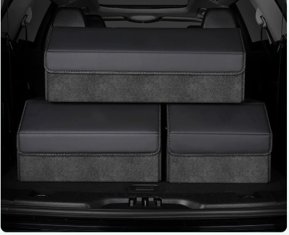 Extra Large Tumbled Leather Black Foldable Car Trunk Storage Box - Large Capacity Insertable Rear Organizer