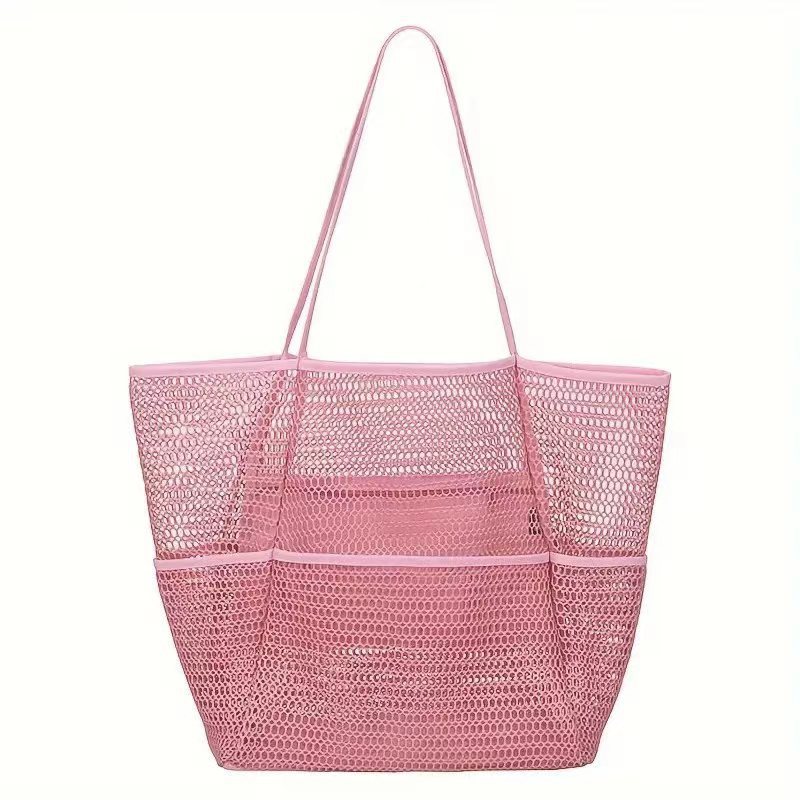 Pink Double Layer Mesh Beach Bag - Large Capacity