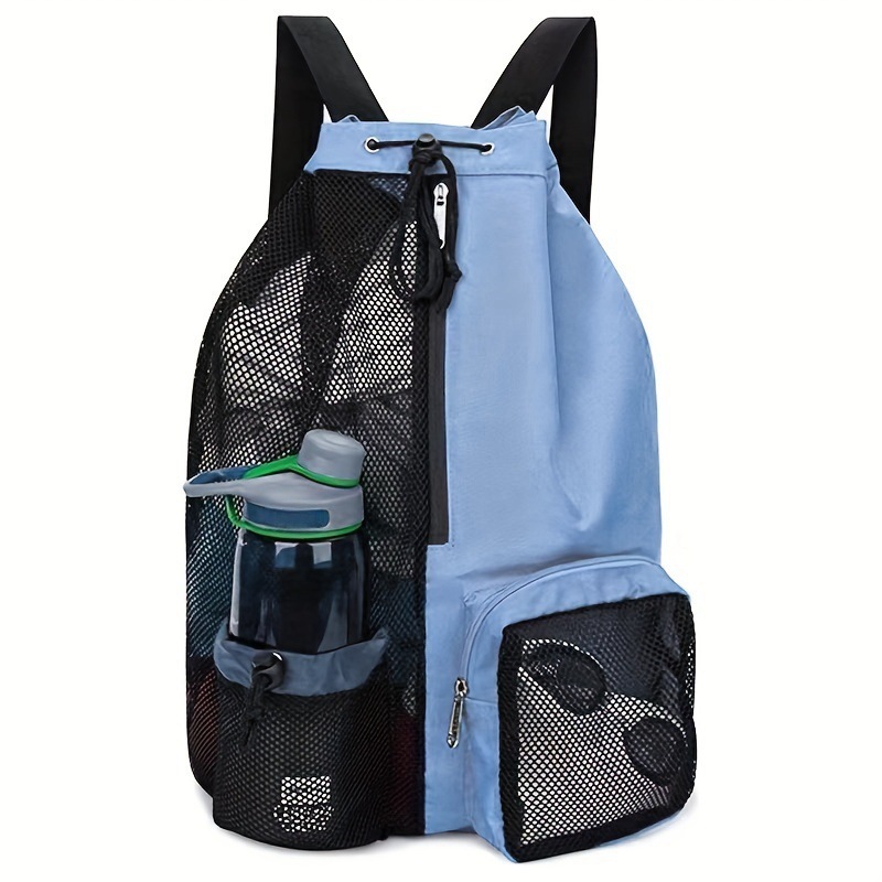 Blue Mesh Drawstring Swim Backpack with Wet Bag - Durable Beach Gym Bag for Wet Gear
