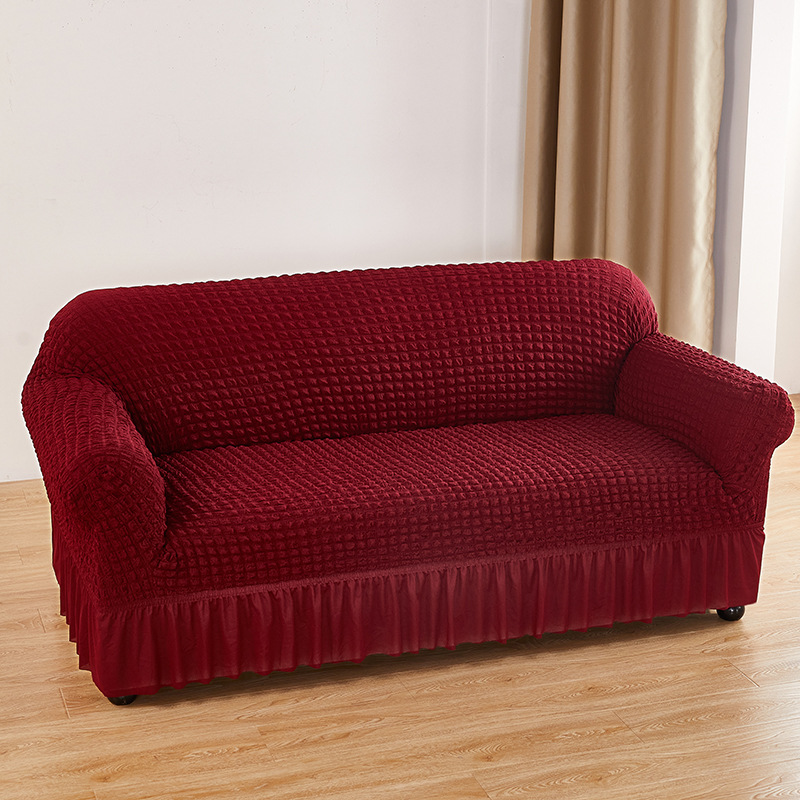 Wine-red Single Sofa Bubble Gauze Sofa Cover with Skirt - Full Elastic Dustproof Single Seater 90-140cm
