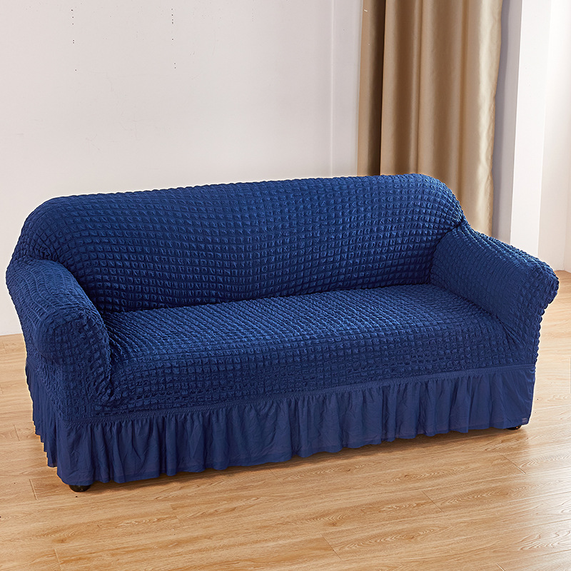 Navy Blue Double Sofa Bubble Gauze Sofa Cover with Skirt - Full Elastic Dustproof Double Seater 145-185cm