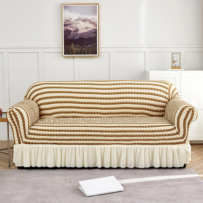 Beige-coffee Double Sofa Bubble Gauze Sofa Cover with Skirt - Full Elastic Dustproof Double Seater 145-185cm