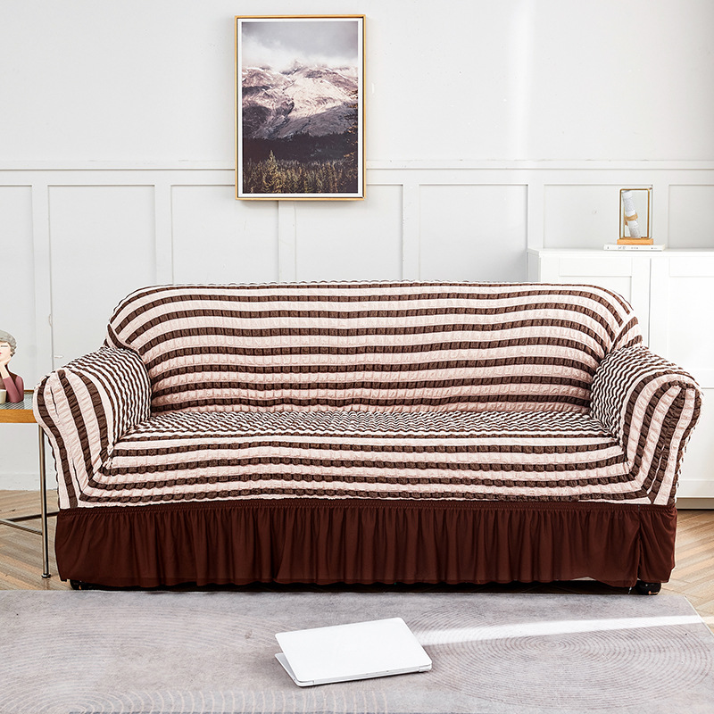Pink-coffee Three-person Sofa Bubble Gauze Sofa Cover with Skirt - Full Elastic Dustproof Three-person Seater 190-230cm