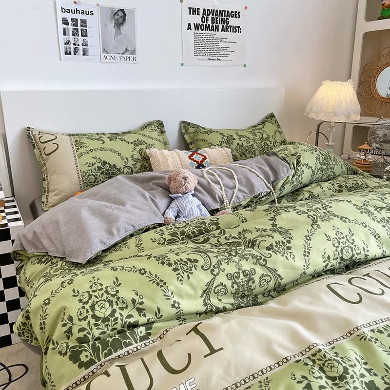 Green Floral 4-Piece Bedding Set - Soft and Lovely Bed Sheets (Quilt 200x230cm, Flat Sheet 230x230cm, Pillowcase 48x47cm*2)