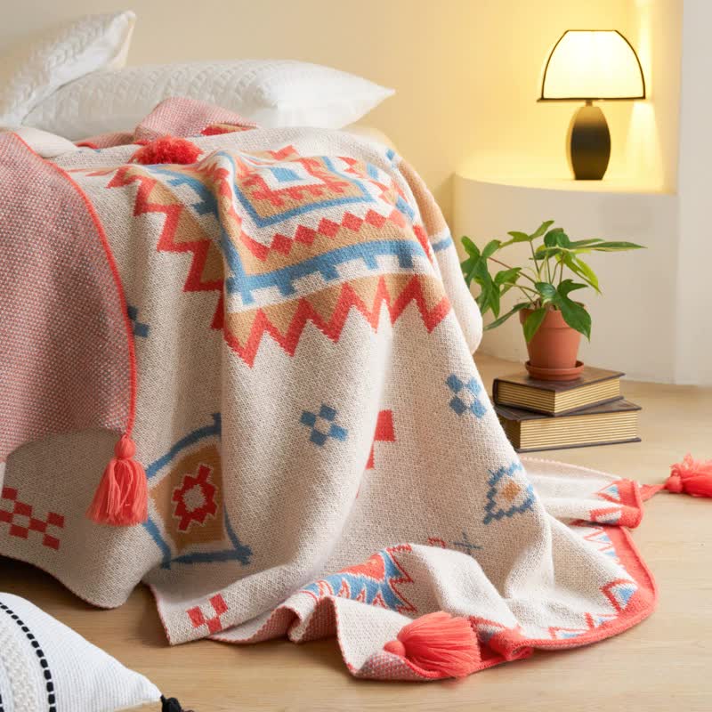 Orange Bohemian Geometric Tassel Throw Blanket – Soft Cotton Blend for Bedroom, Living Room, and Sofa 110x130cm