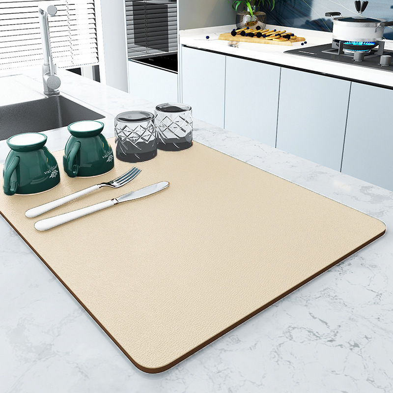 Beige Kitchen Drying Mat - Super Absorbent Dish & Cup Drainer Pad 50x60cm