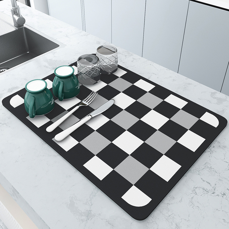 Black and white grids Kitchen Drying Mat - Super Absorbent Dish & Cup Drainer Pad 50x60cm