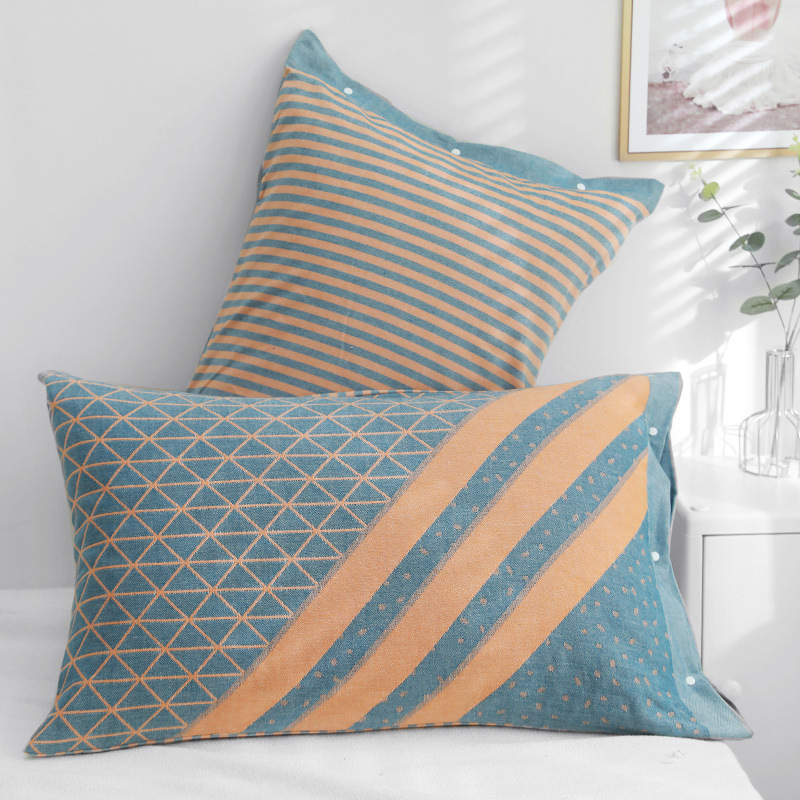 Blue Twill Snap-On Cotton Gauze Pillowcase Set - Full Coverage, Non-Slip, Easy Closure (One pair without pillow core)