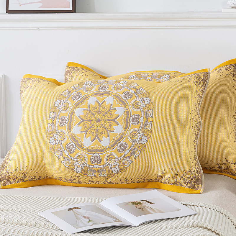 Pair of Yellow Circular Pattern Tied Cotton Gauze Pillow Cover - Secure Fit, Premium Comfort (Insert Not Included)