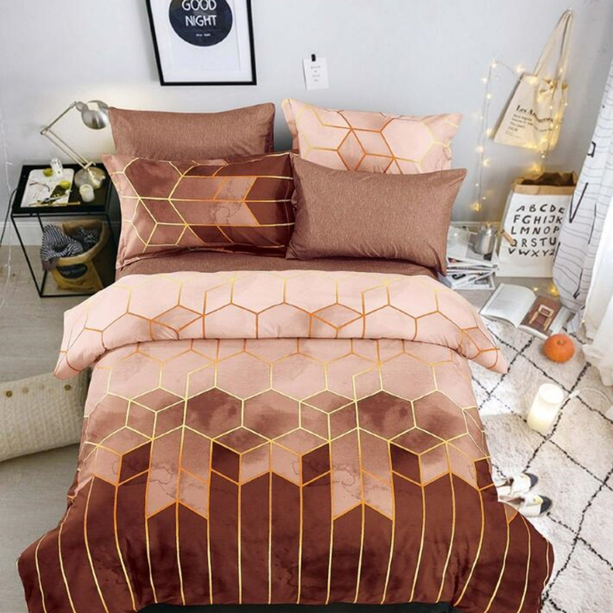Geometric Print Duvet Cover - 3 Piece Brown Ombre Bedding Set Quilt cover 230x230cm-Pillow cover 51x76cm