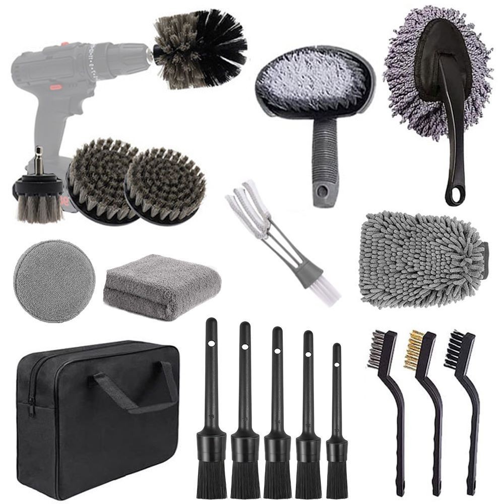 (Drill not included)Car Cleaning Supplies - Complete Auto Detail Brush Set for Interior, Exterior, Wheels & Tires - Power Scrubber Drill Brush Kit Included