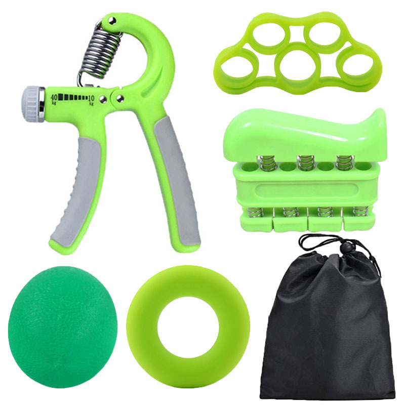Green 5-Piece Hand Grip Strength Training Set - Adjustable Grip Exerciser, Silicone Grip Rings & Grip Ball