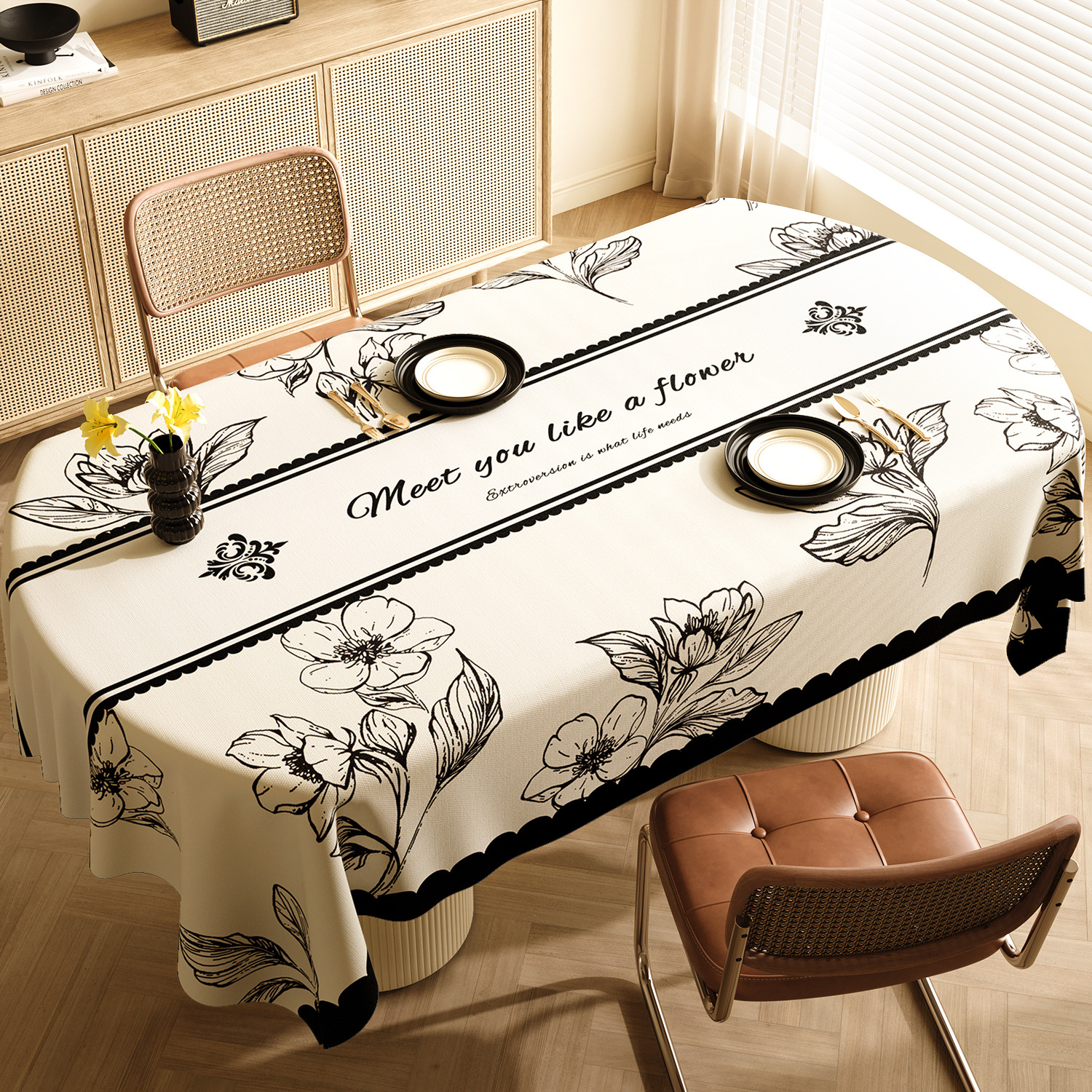 Style D Black And Beige Premium PVC Tablecloth - Oil & Water Resistant Table Cover for Dining Tables (120 x 180 cm)