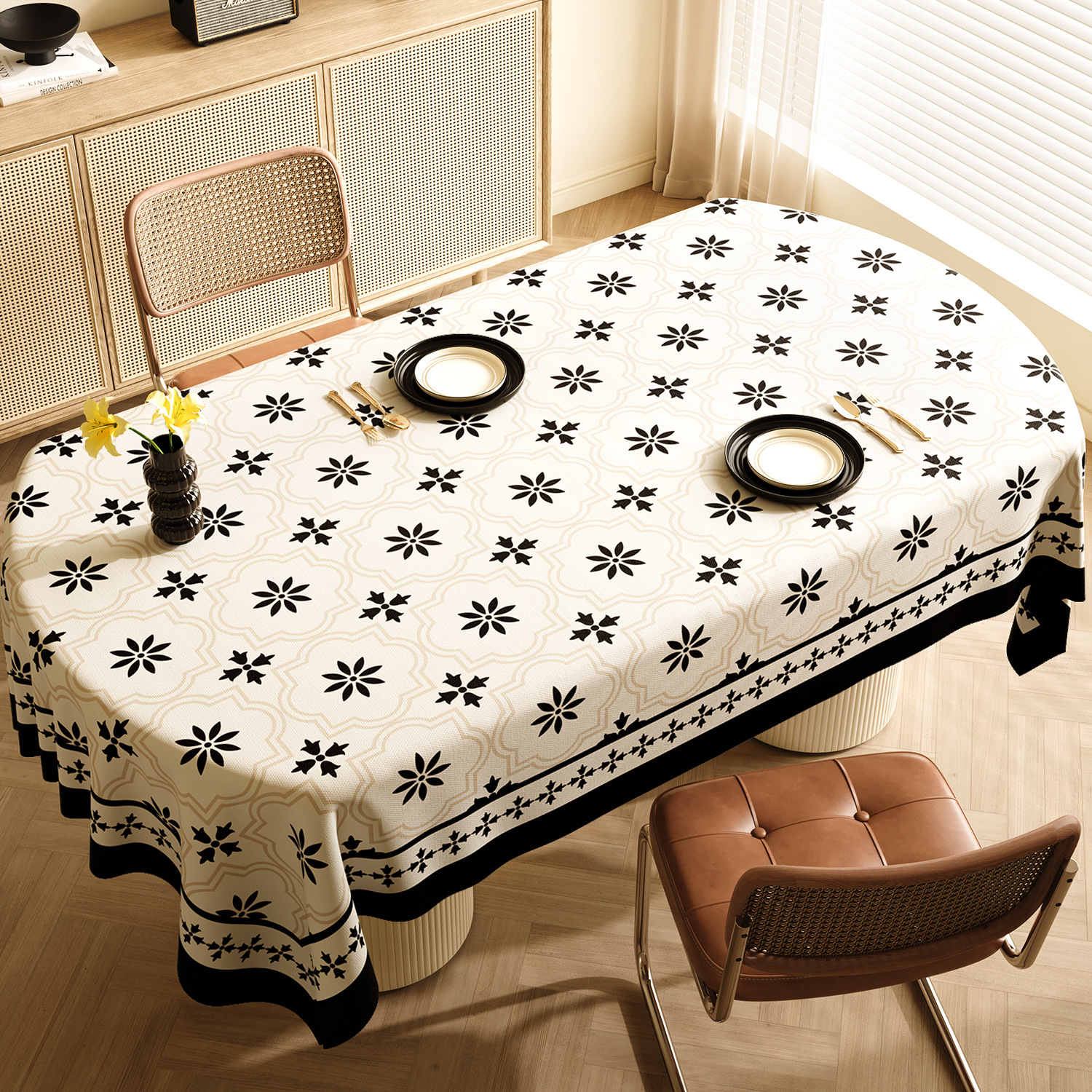 Style F Black And Beige Premium PVC Tablecloth - Oil & Water Resistant Table Cover for Dining Tables (120 x 180 cm)