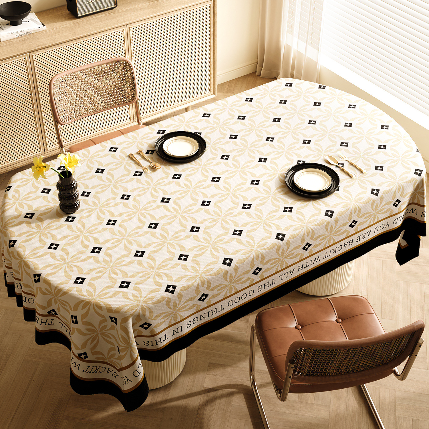 Style E Black And Beige Premium PVC Tablecloth - Oil & Water Resistant Table Cover for Dining Tables (140 x 220 cm)