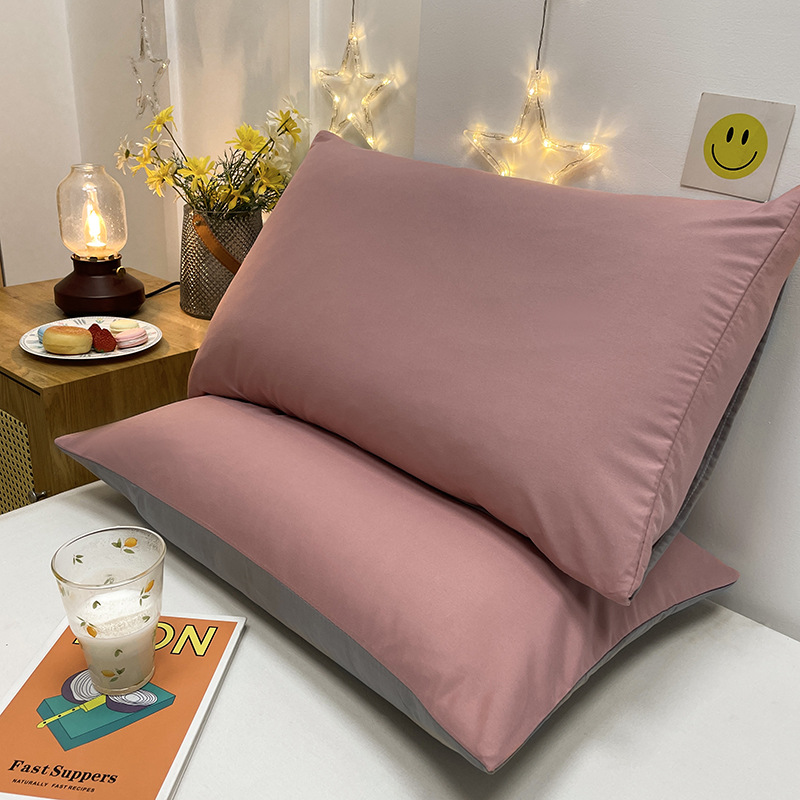 Pink And Grey Washed Cotton Pillowcase Set - Solid Color, Simple Two-Tone Design, 48x74cm (Pair)