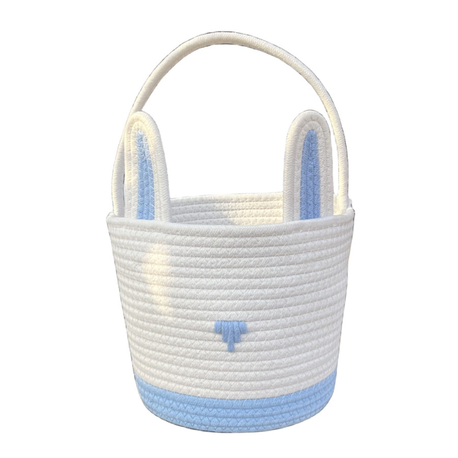 Blue And White Stitching Charming Easter Egg Tote Basket - Cute Rabbit-Themed Handwoven Cotton Rope Candy Holder