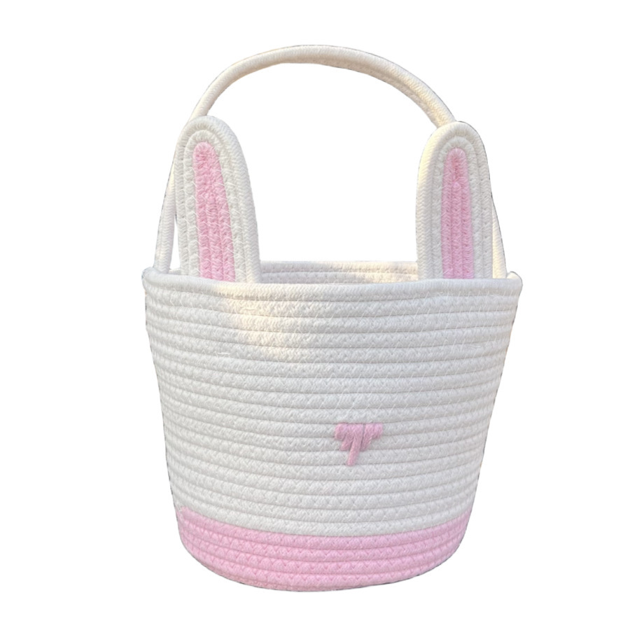 Pink And White Stitching Charming Easter Egg Tote Basket - Cute Rabbit-Themed Handwoven Cotton Rope Candy Holder