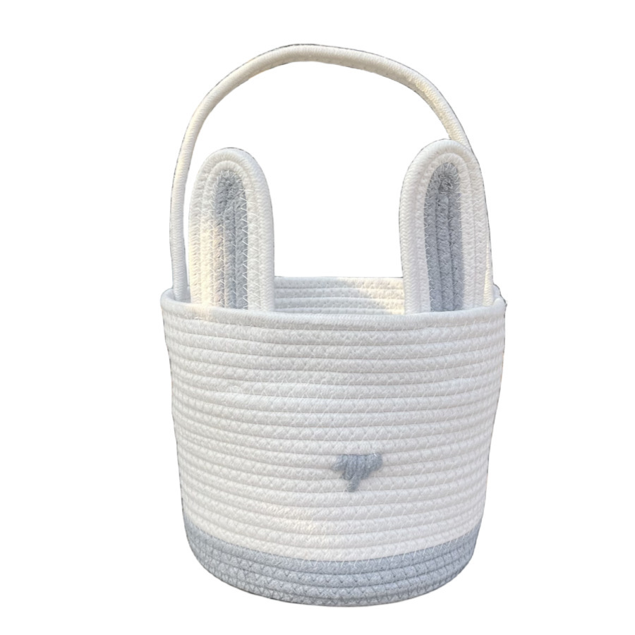 Grey And White Stitching Charming Easter Egg Tote Basket - Cute Rabbit-Themed Handwoven Cotton Rope Candy Holder
