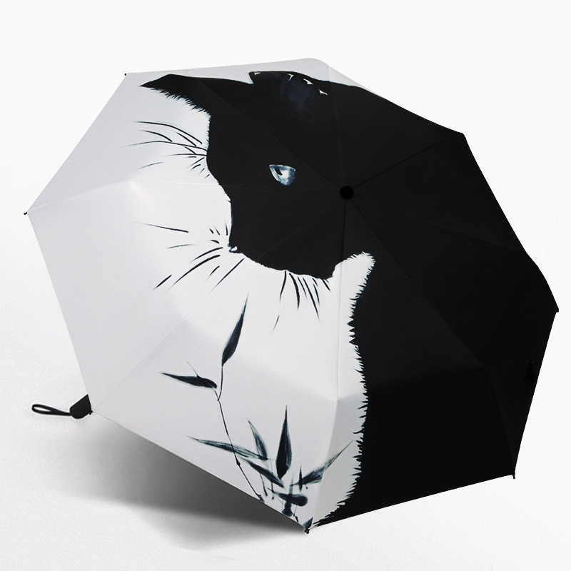 Black Cat With Flowers Outside Cute Cartoon Umbrella - Sun/Rain Umbrella