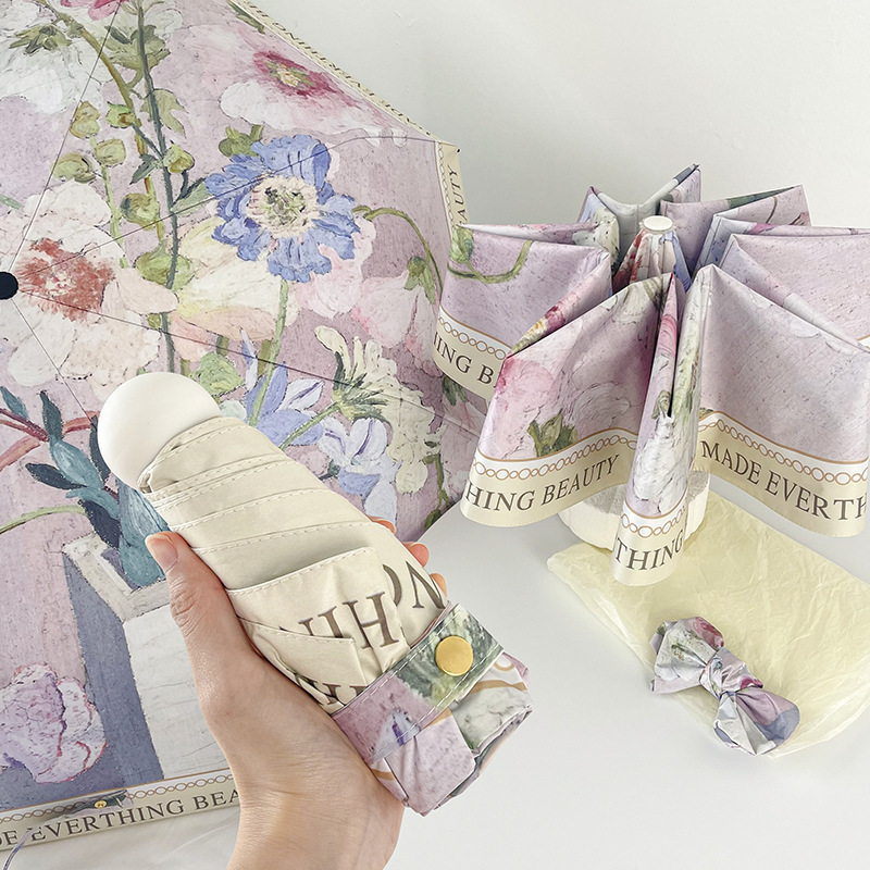 Rose Mini 5-Fold Umbrella - Portable, Anti-UV, Black Glue Coating