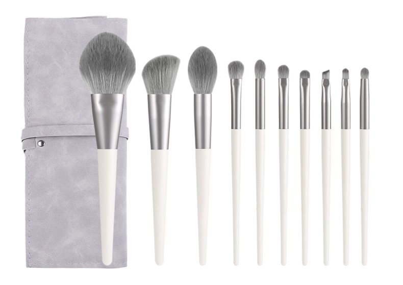 Silver Gray (Brush + Bag) 10 Piece Face Eye Makeup Brush Set - Premium Makeup Blending Brushes