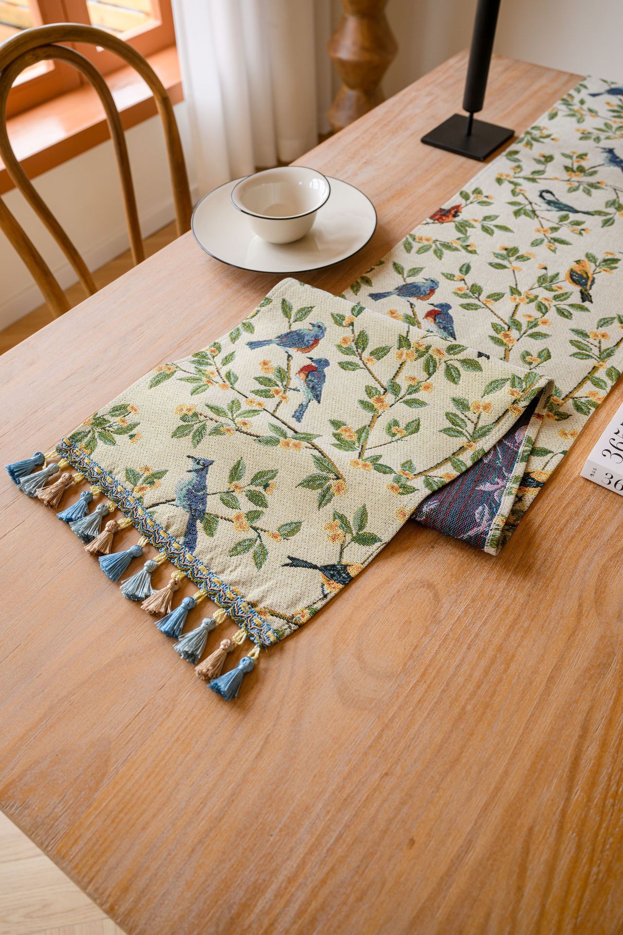 Birds & Branch Table Runner - Jacquard Woven Beige with Tassels(33X220CM)