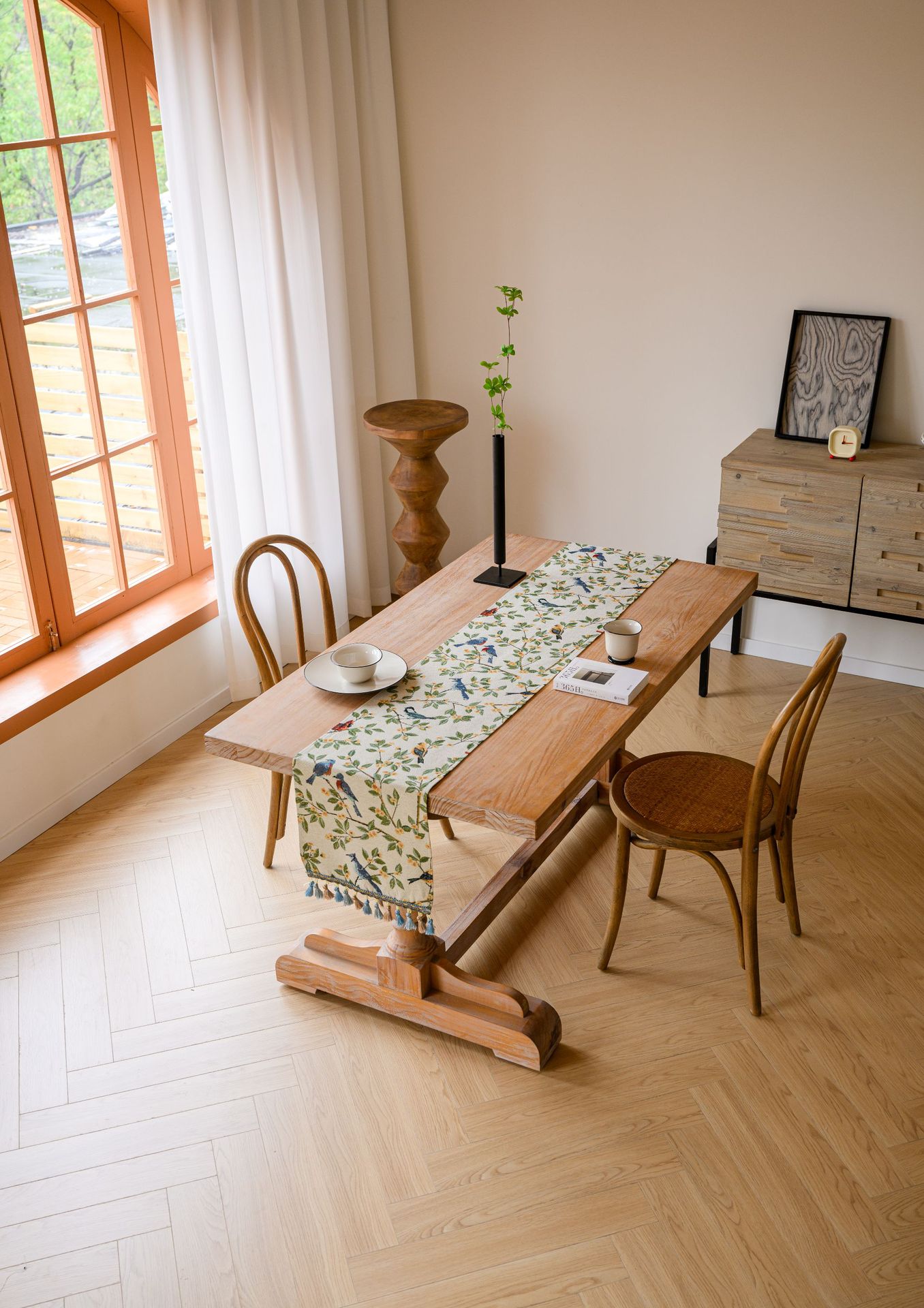 Birds & Branch Table Runner - Jacquard Woven Beige with Tassels(33X350CM)
