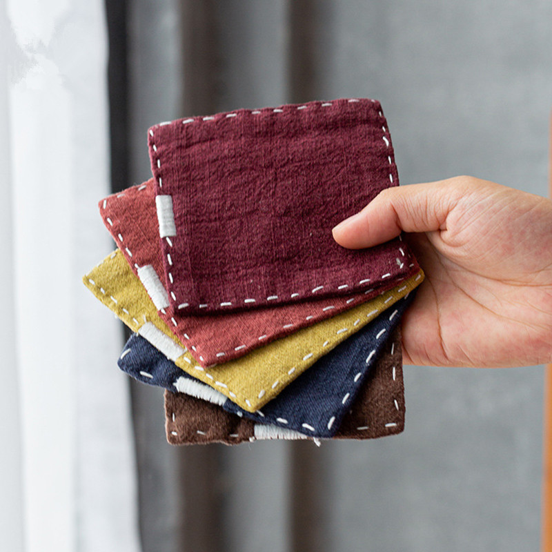 Chinese Style Linen Coasters - Set of 5, Hand-Embroidered Tea Mats (9x9cm)