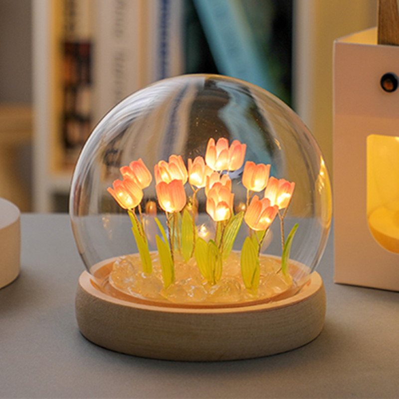 (Ten Pink Tulips) Glowing Tulip Dome Lamp -  Wooden Base, Bedside Table Decoration