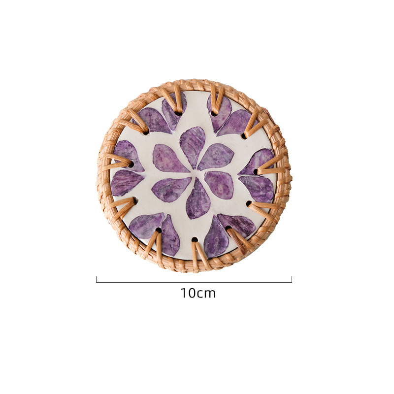 (Purple Heart Pattern) Set of 5 Rattan & Shell Coasters - Decorative & Heat Resistant