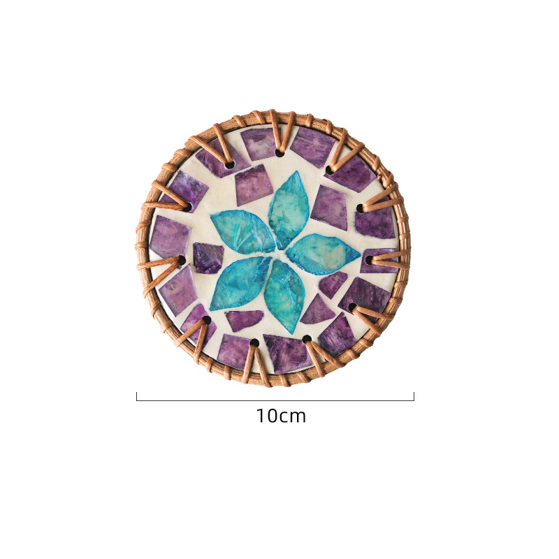 (Purple Blue Flower) Set of 5 Rattan & Shell Coasters - Decorative & Heat Resistant