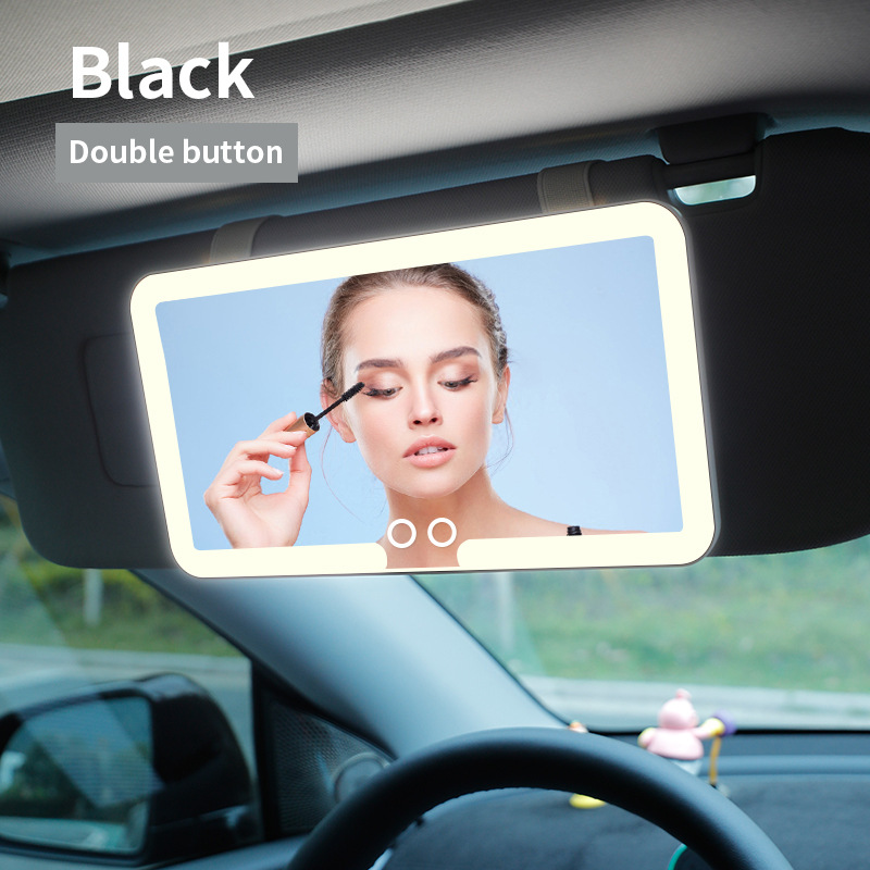 Black double button Car Sun Visor Makeup Mirror with LED Light - Tri-Color, Touch Control