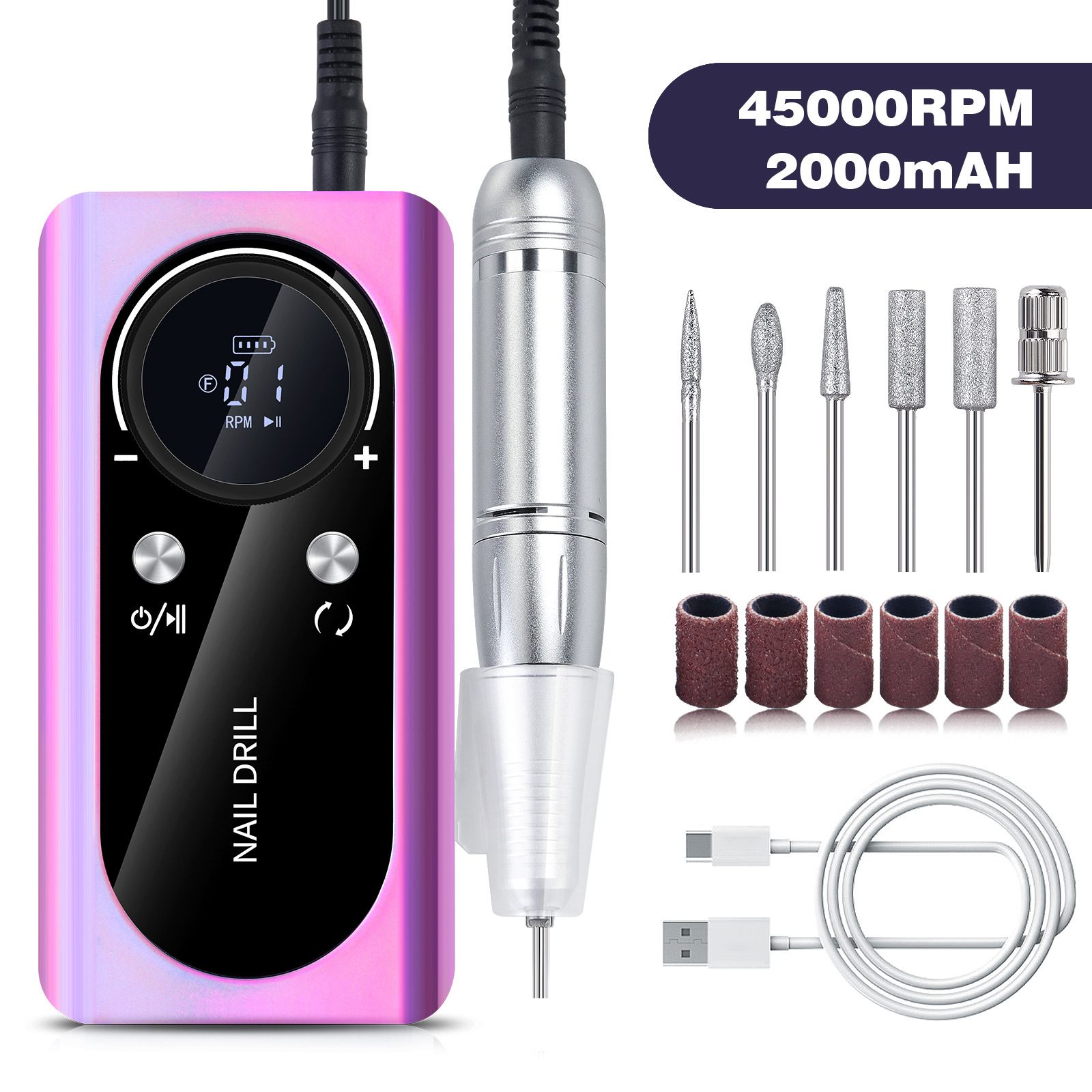 Purple Professional 45000RPM Rechargeable Nail Drill - Portable Electric Nail File for Manicure & Pedicure