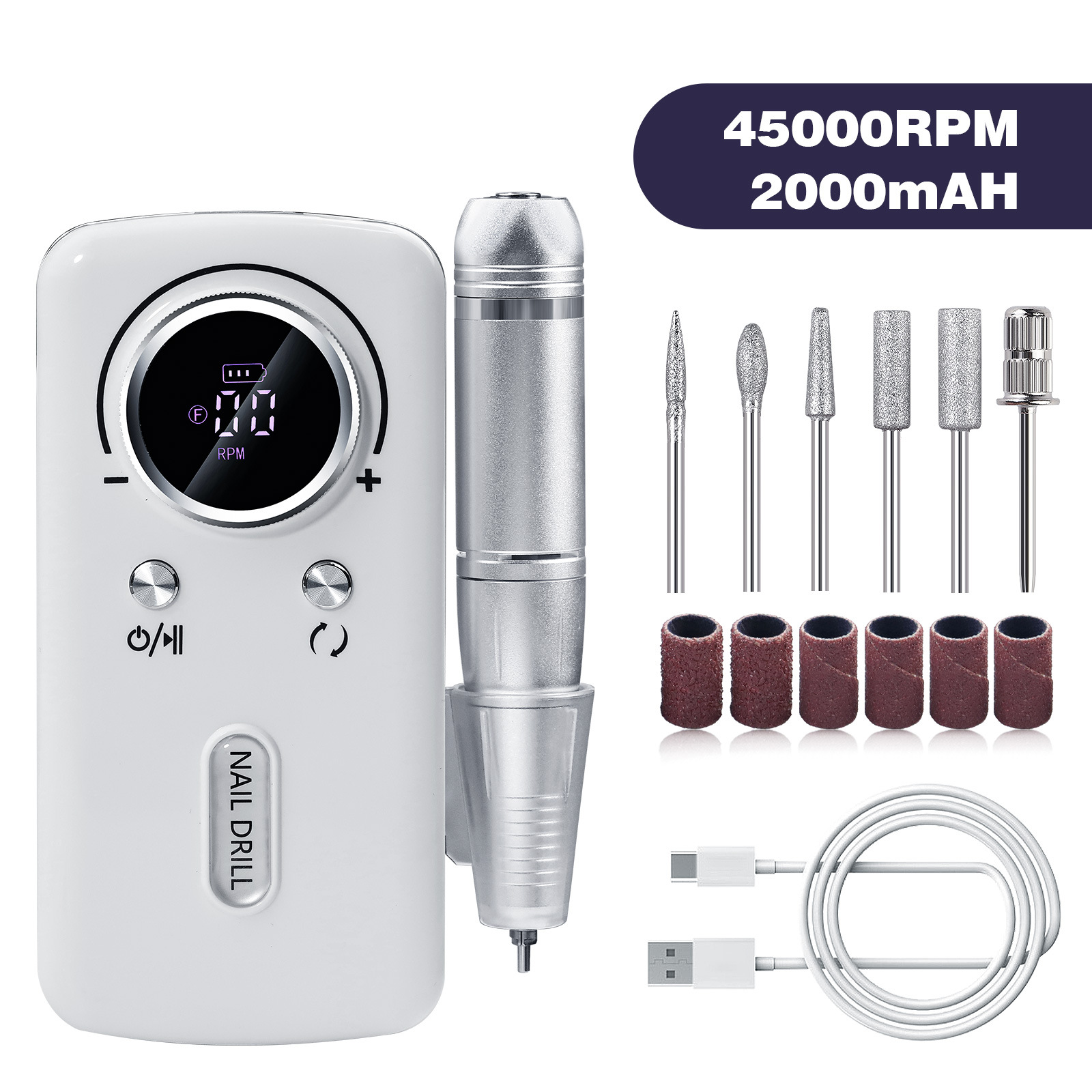 White Professional Electric Nail Drill, 45000RPM Rechargeable Nail Grinder Polisher for Salon & Home Use