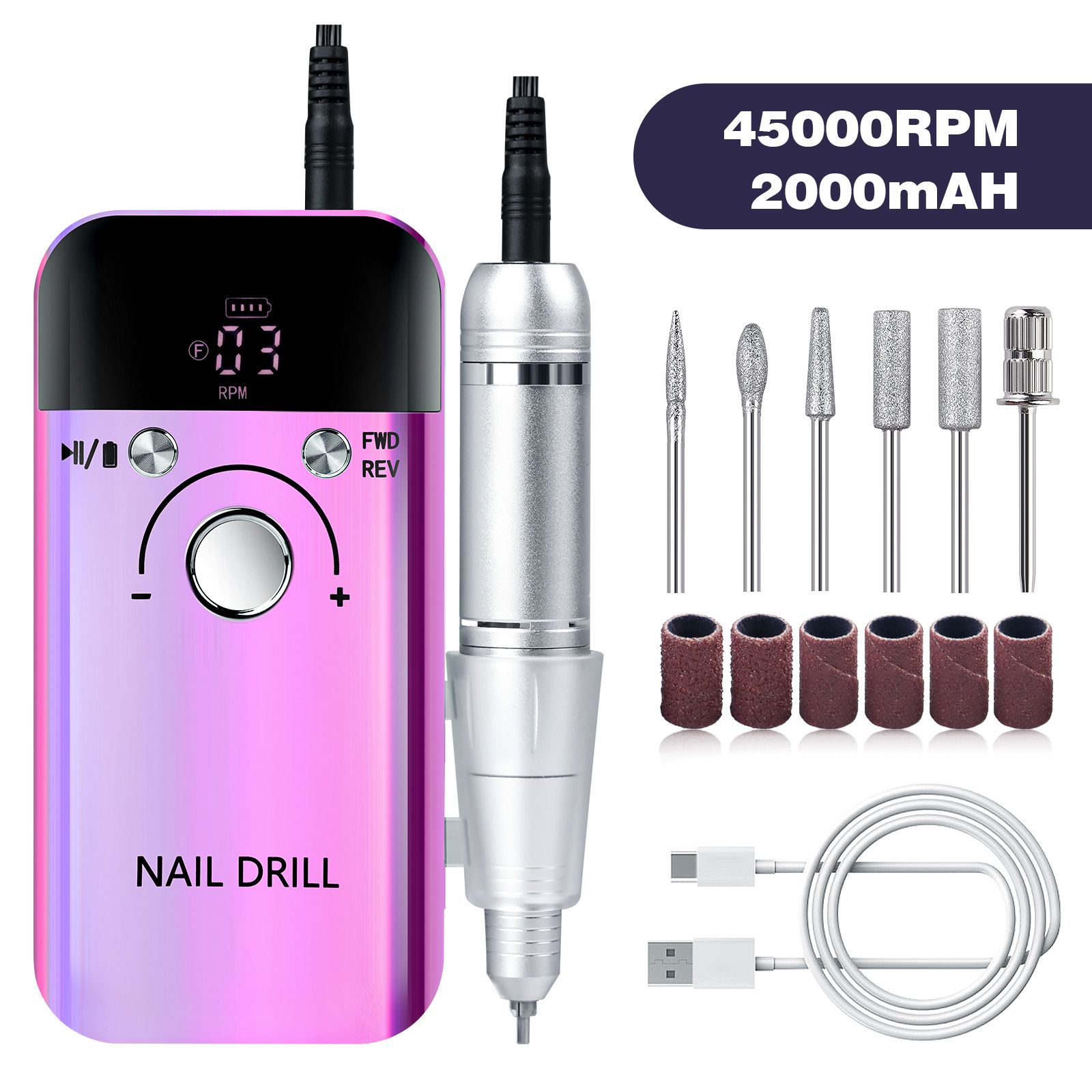 Purple High Speed Portable Nail Drill Set - Electric Nail File Set with 6 Nail Drill Bits