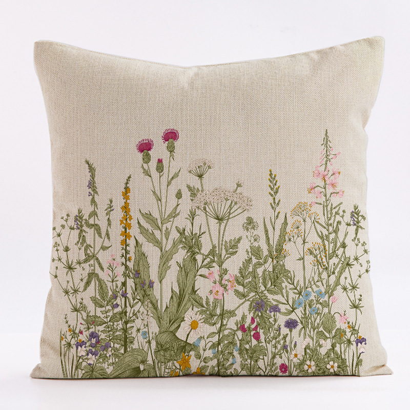 Style 1 Wildflower Linen Pillow Cover - Botanical Print Cushion Case (One pair：45x45cm)