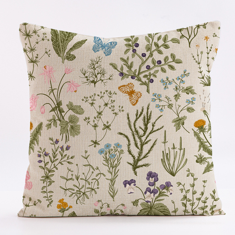 Style 2 Wildflower Linen Pillow Cover - Botanical Print Cushion Case (One pair: 45x45cm)