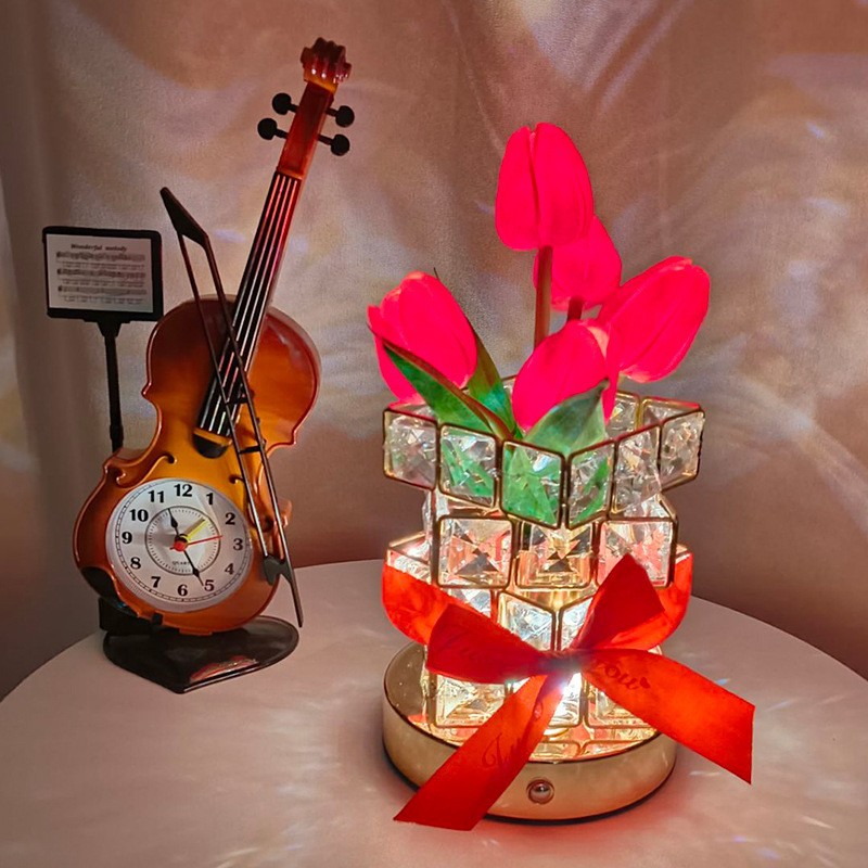 Red tulips LED Crystal Flower Table Lamp - USB Rechargeable Touch Control Night Light