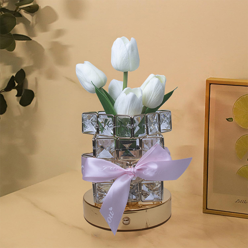 White tulips LED Crystal Flower Table Lamp - USB Rechargeable Touch Control Night Light