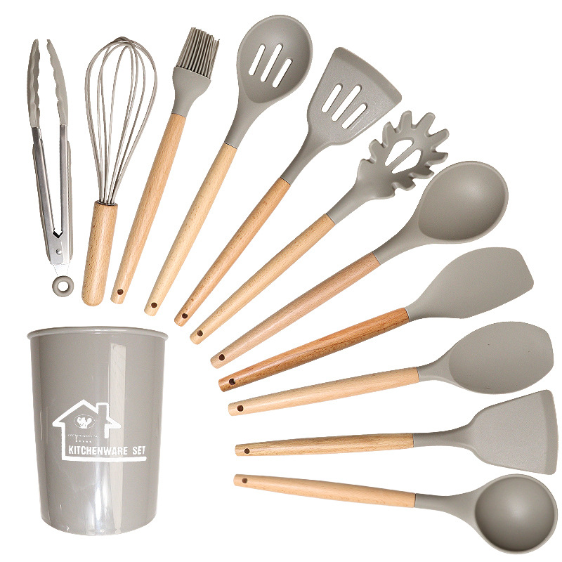 Khaki And Brown 12-Piece Silicone Kitchen Utensil Set - Non-Stick Food-Grade Silicone Cooking Tools with Wooden Handles and Holder