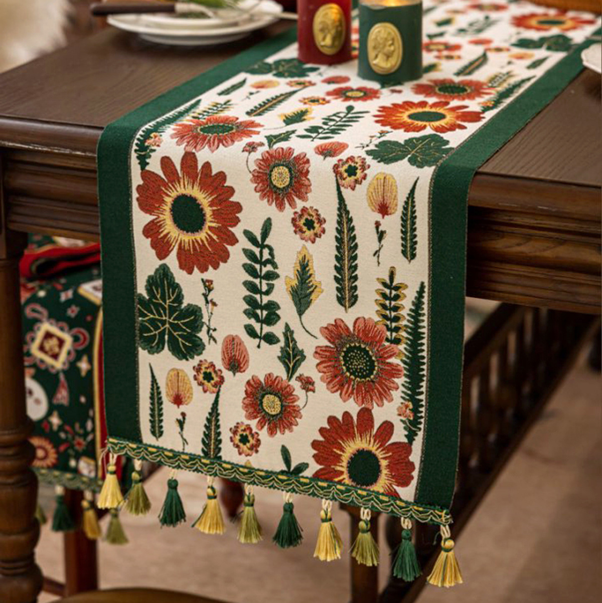 35x200cm Green Pastoral Table Runner - Spring Floral Oil Painting Style with Tassels