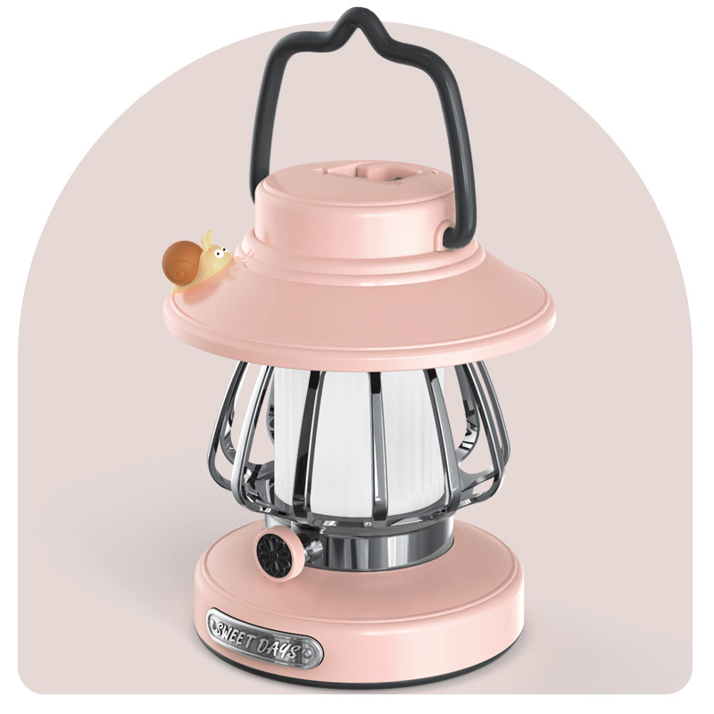 Pink Retro Snail Night Light - Portable Rechargeable Camping Lantern with Hook, 3-Color Dimming