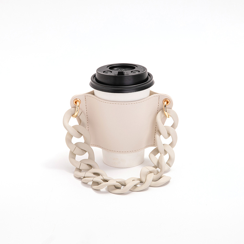 2 Pcs Beige Detachable Chain Coffee Cup Sleeve - PU Leather Insulated Cup Holder with Handle, 16cm Top, 70g(Cup not included, only cup sleeve and chain)