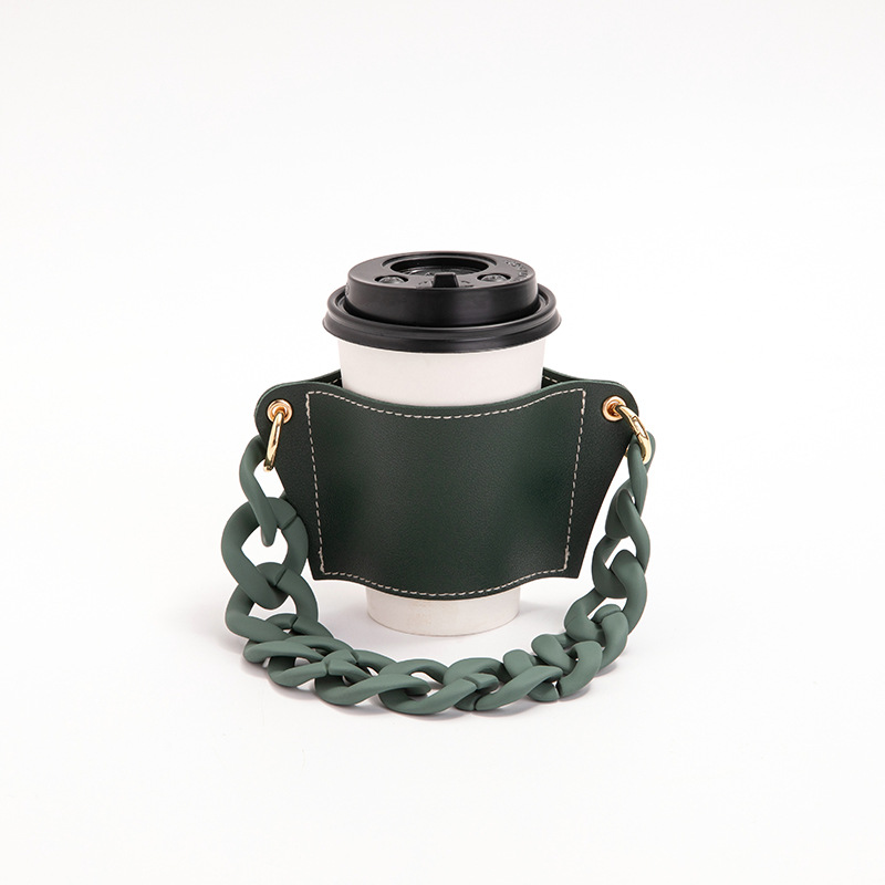 2 Pcs Dark Green Detachable Chain Coffee Cup Sleeve - PU Leather Insulated Cup Holder with Handle, 16cm Top, 70g(Cup not included, only cup sleeve and chain)