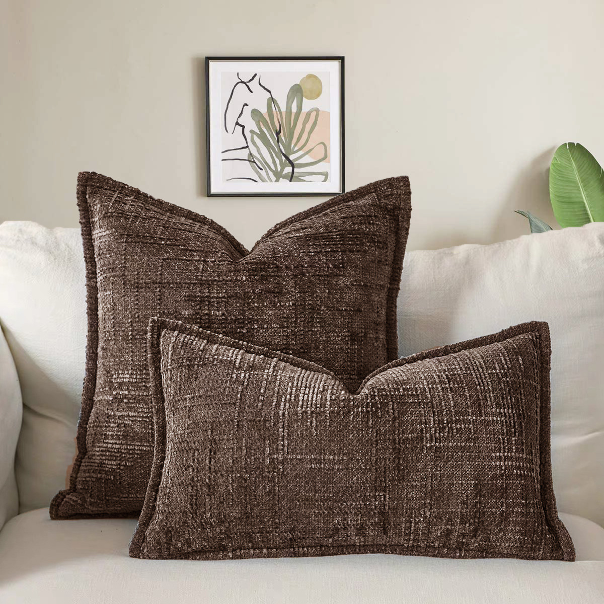 Coffee Chenille Crosshatch Textured Pillow Covers Set of 2 - Modern Minimalist Sofa Bed Cushion Covers 45x45cm & 30x50cm(without pillow core)
