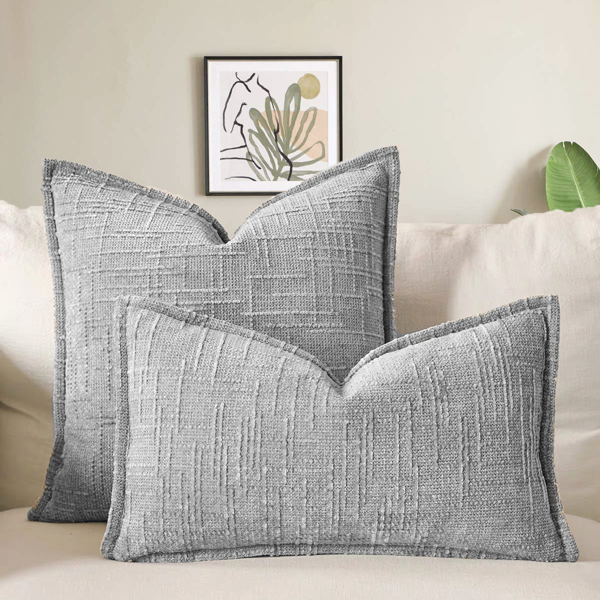 Grey Chenille Crosshatch Textured Pillow Covers Set of 2 - Modern Minimalist Sofa Bed Cushion Covers 45x45cm & 30x50cm(without pillow core)