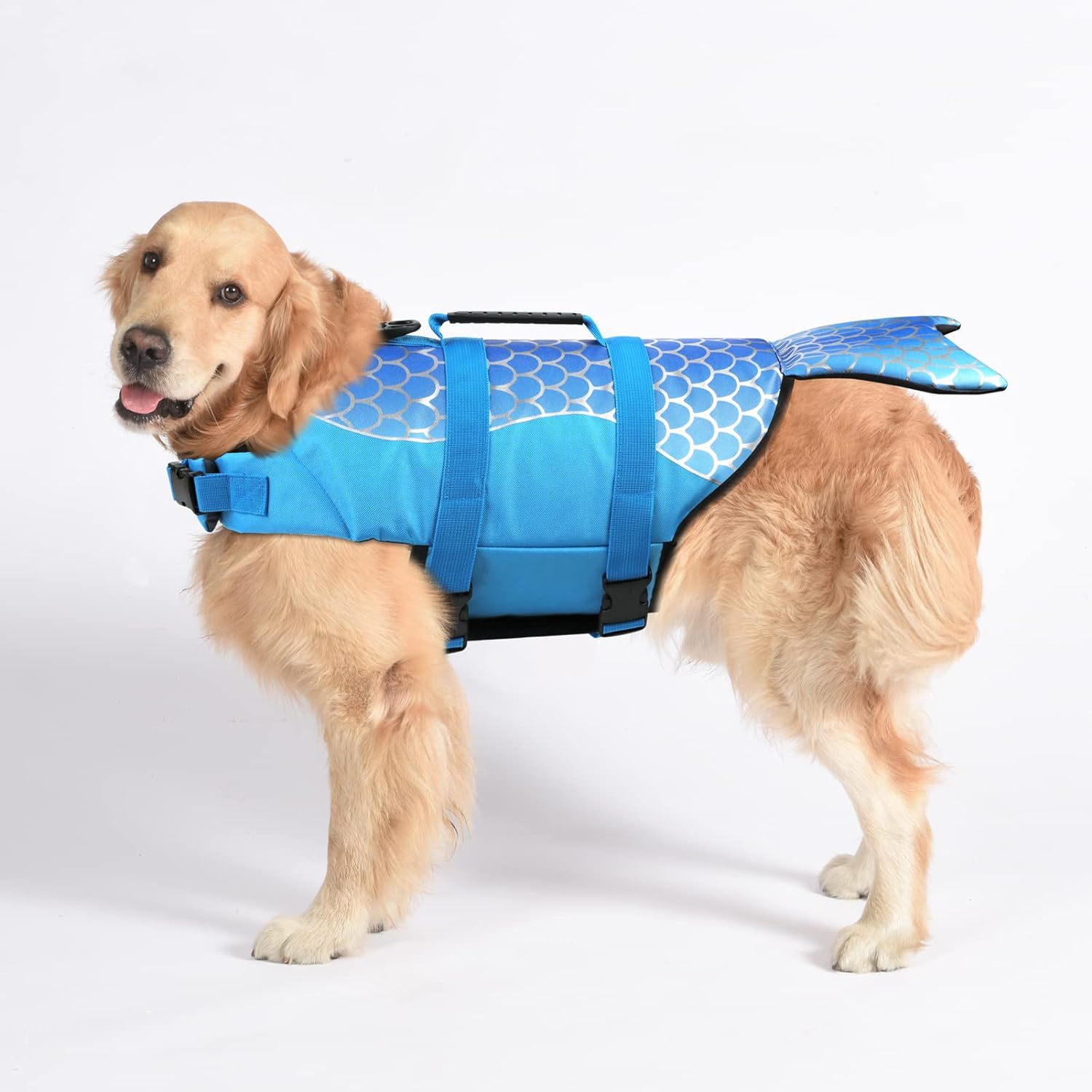 Size XL Blue Scales Pattern Pet Life Jacket for Dogs - Summer Swimming Safety Vest with Shark Fin for Small to Large Breeds