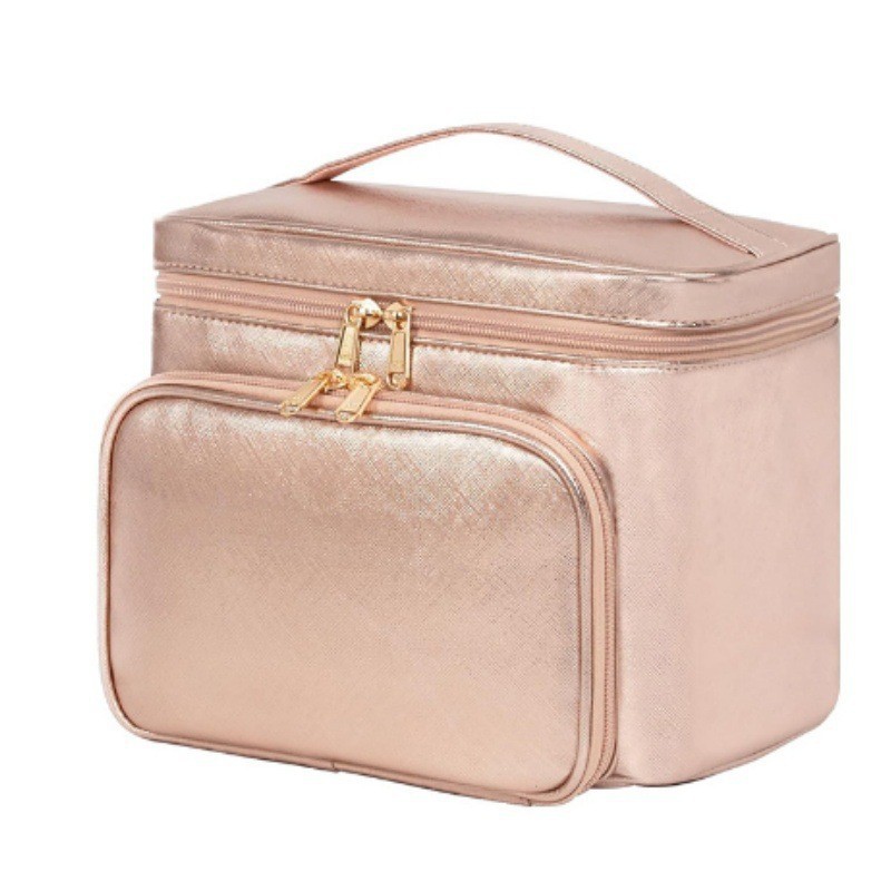 Pink Portable Travel Makeup Bag with Brush Compartment - Stylish PU Leather Cosmetic Organizer for Skincare and Toiletry Storage