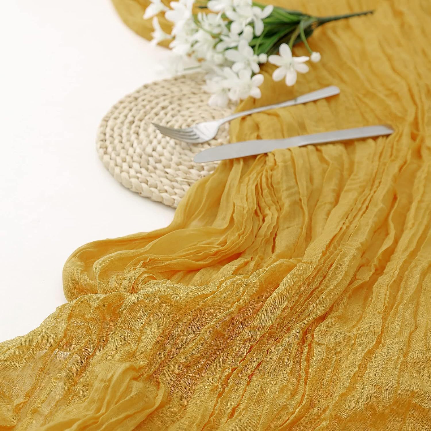 Yellow Bohemian Gauze Table Runner 2-Pack - Polyester Fabric for Party and Birthday Table Decor